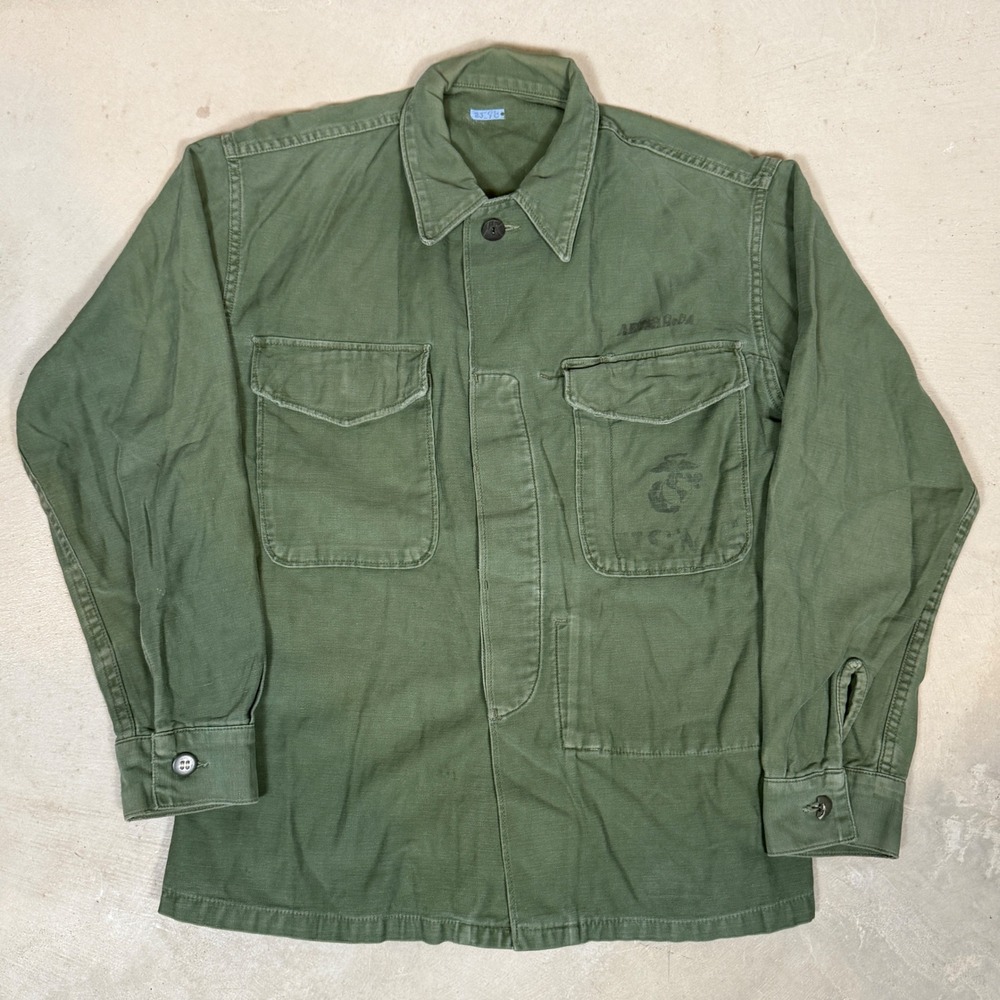 Vintage 60s Korean War USMC P-58 Utility Shirt Olive Green Sateen Stencil Medium